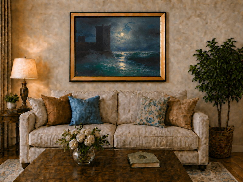 Hand-painted moonlit sea and coastal castle landscape oil painting displayed above a sofa in a living room interior.