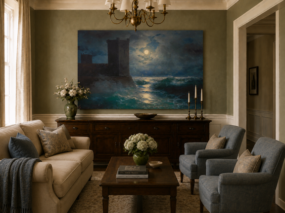 Hand-painted moonlit sea and coastal castle landscape oil painting displayed above a sofa in a living room interior.