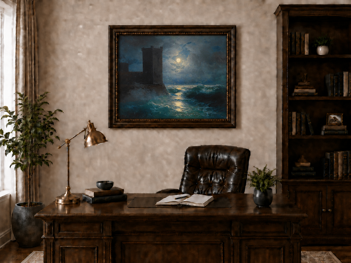 Hand-painted moonlit sea and coastal castle landscape oil painting displayed above a desk in a home office interior.