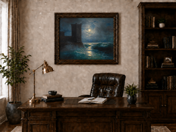 Hand-painted moonlit sea and coastal castle landscape oil painting displayed above a desk in a home office interior.