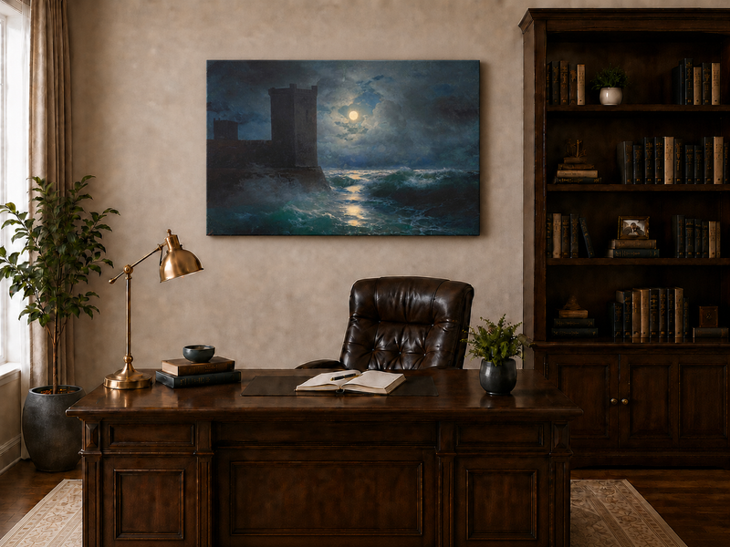Hand-painted moonlit sea and coastal castle landscape oil painting displayed above a desk in a home office interior.