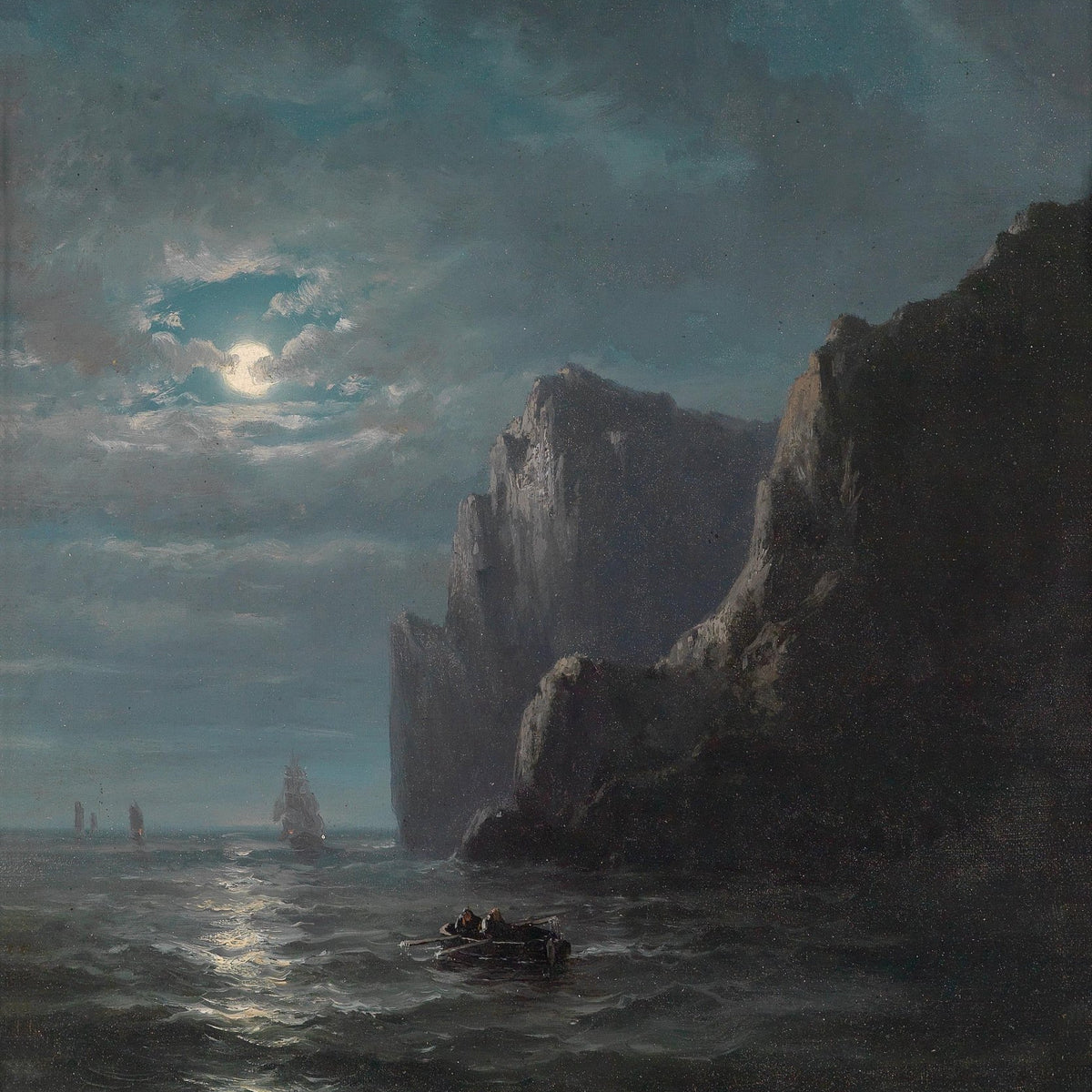 Moonlit Sea with Cliffs and Small Boat – Landscape Oil Painting - Oil Painting Haven