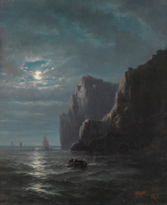 Moonlit Sea with Cliffs and Small Boat – Landscape Oil Painting - Oil Painting Haven