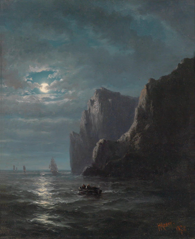 Moonlit Sea with Cliffs and Small Boat – Landscape Oil Painting - Oil Painting Haven