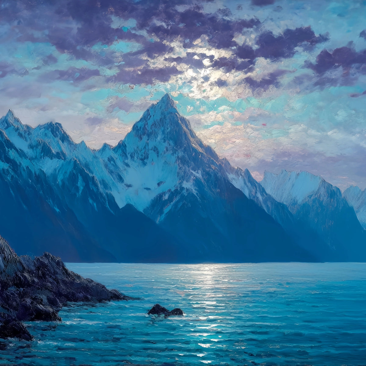 Moonlit Snowy Mountains Ocean Original Oil Painting For Sale - Oil Painting Haven