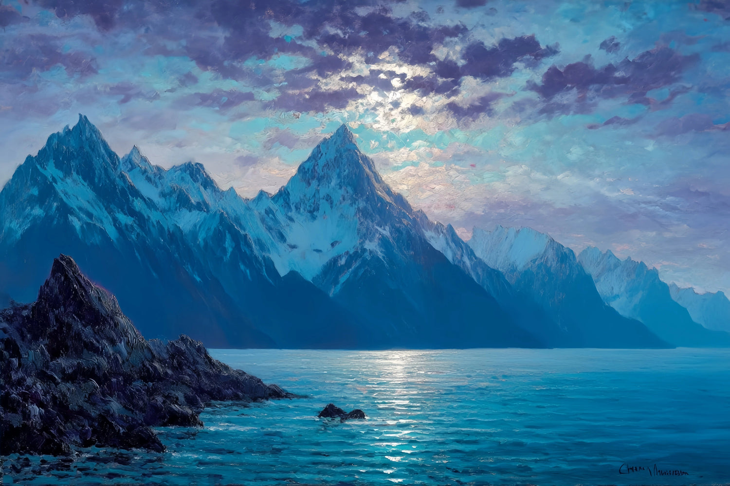 Moonlit Snowy Mountains Ocean Original Oil Painting For Sale - Oil Painting Haven