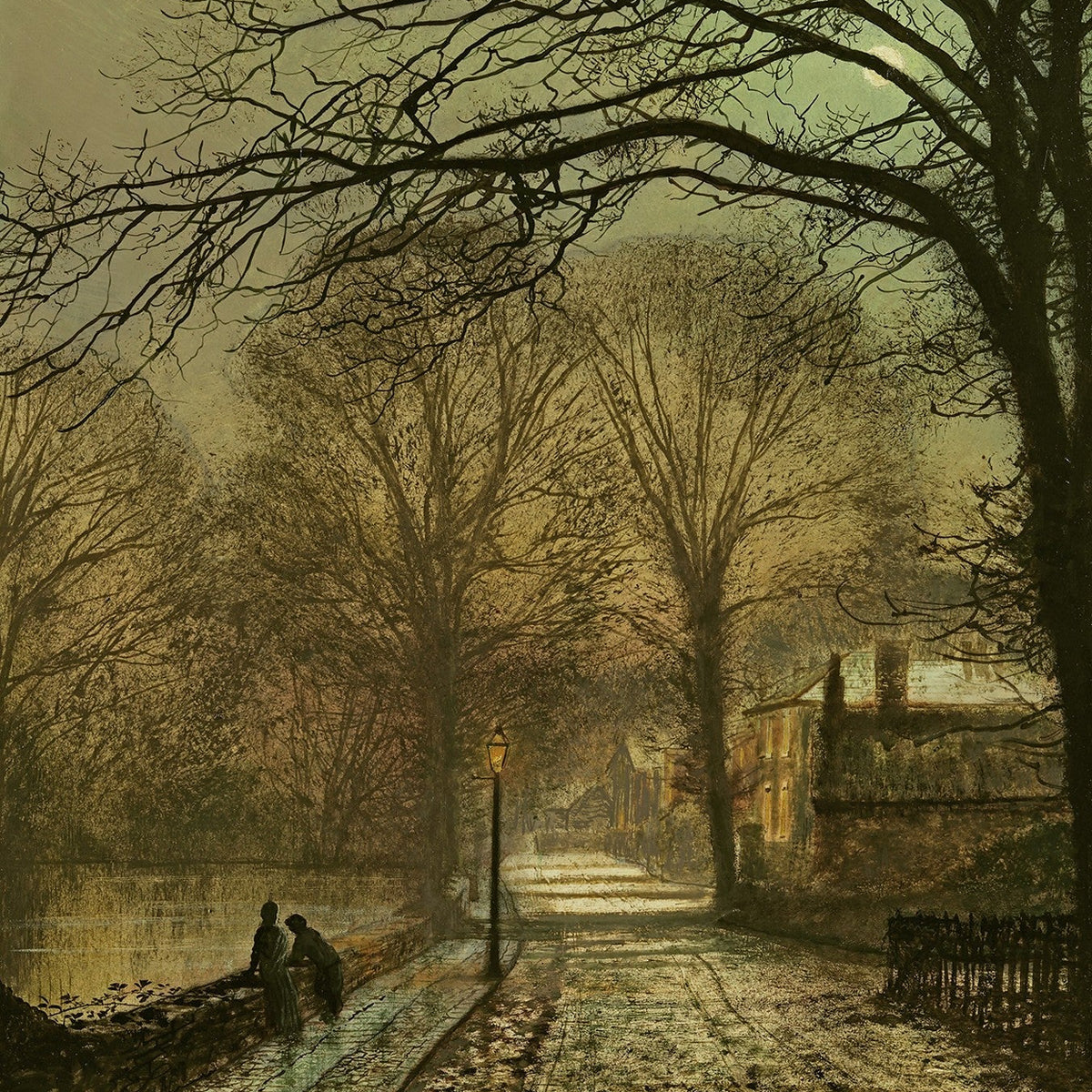 Hand-painted moonlit tree-lined village road landscape oil painting on canvas