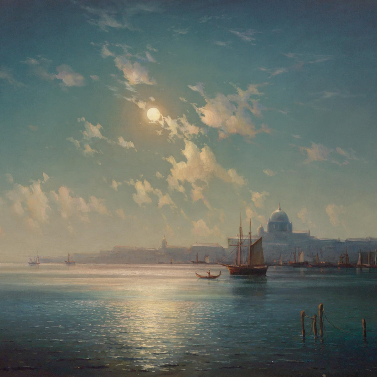 Hand-painted moonlit venice harbor scene nautical oil painting on canvas