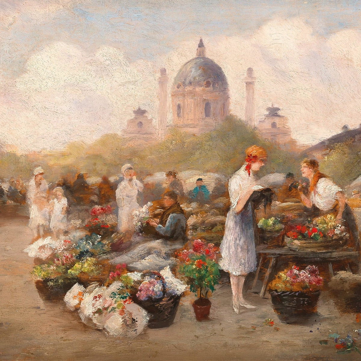 Morning Flower Market in Paris Square - People Oil Painting - Oil Painting Haven