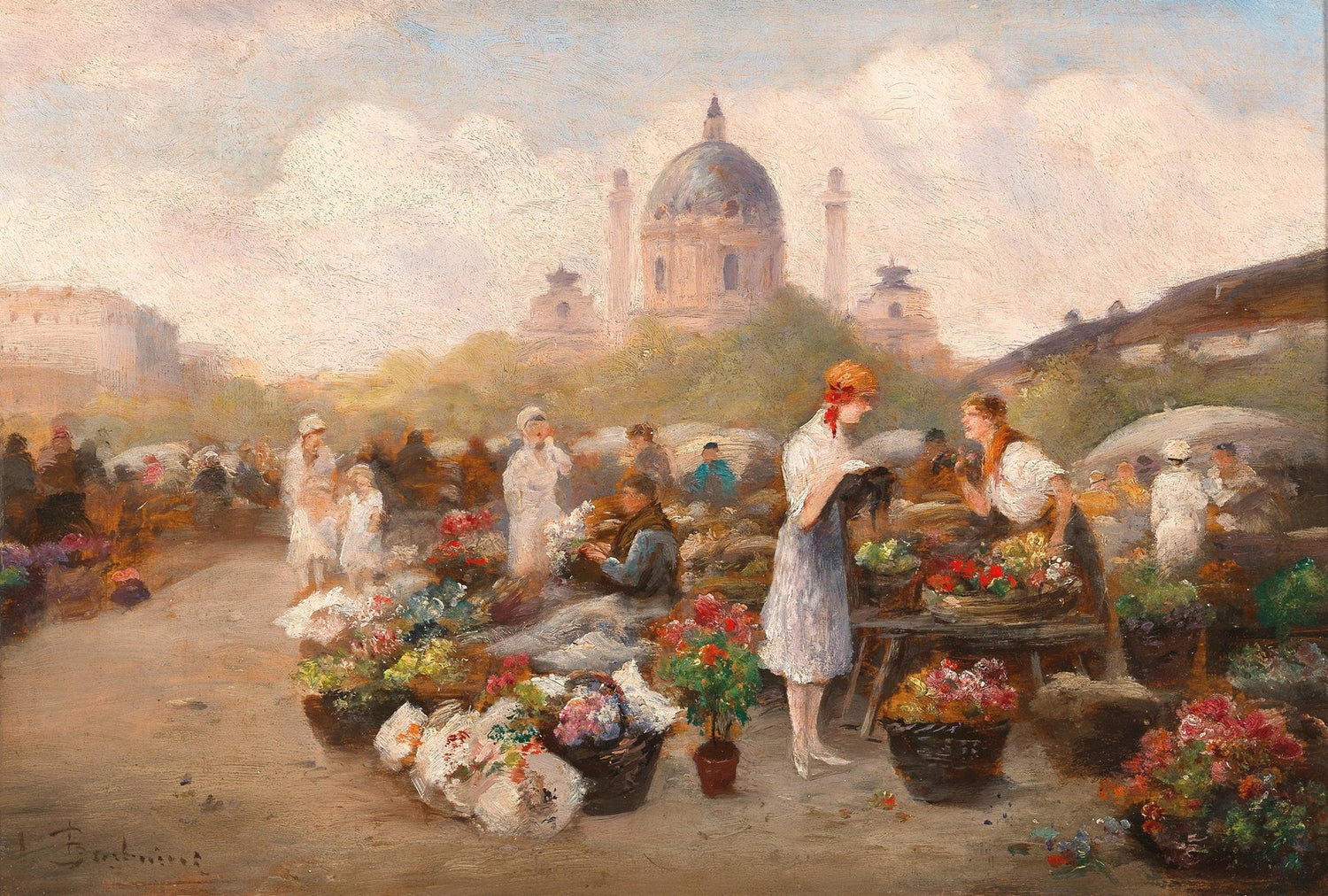 Morning Flower Market in Paris Square - People Oil Painting - Oil Painting Haven