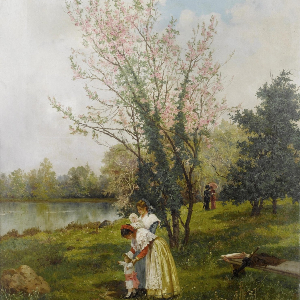 Mother and Child by Blooming Tree by the Lake - People Oil Painting - Oil Painting Haven