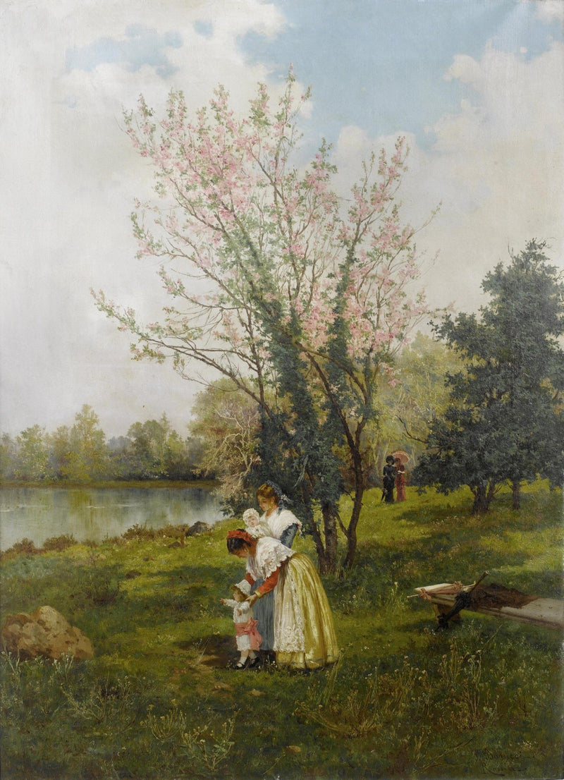 Mother and Child by Blooming Tree by the Lake - People Oil Painting - Oil Painting Haven