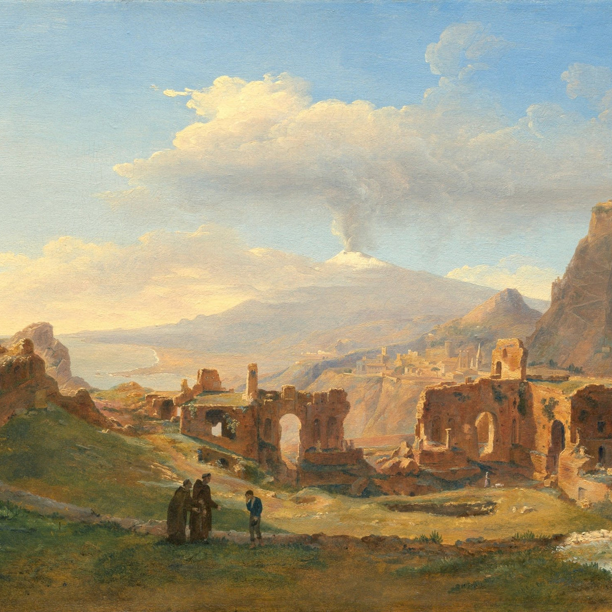 Hand-painted mount etna volcano and ancient ruins view landscape oil painting on canvas