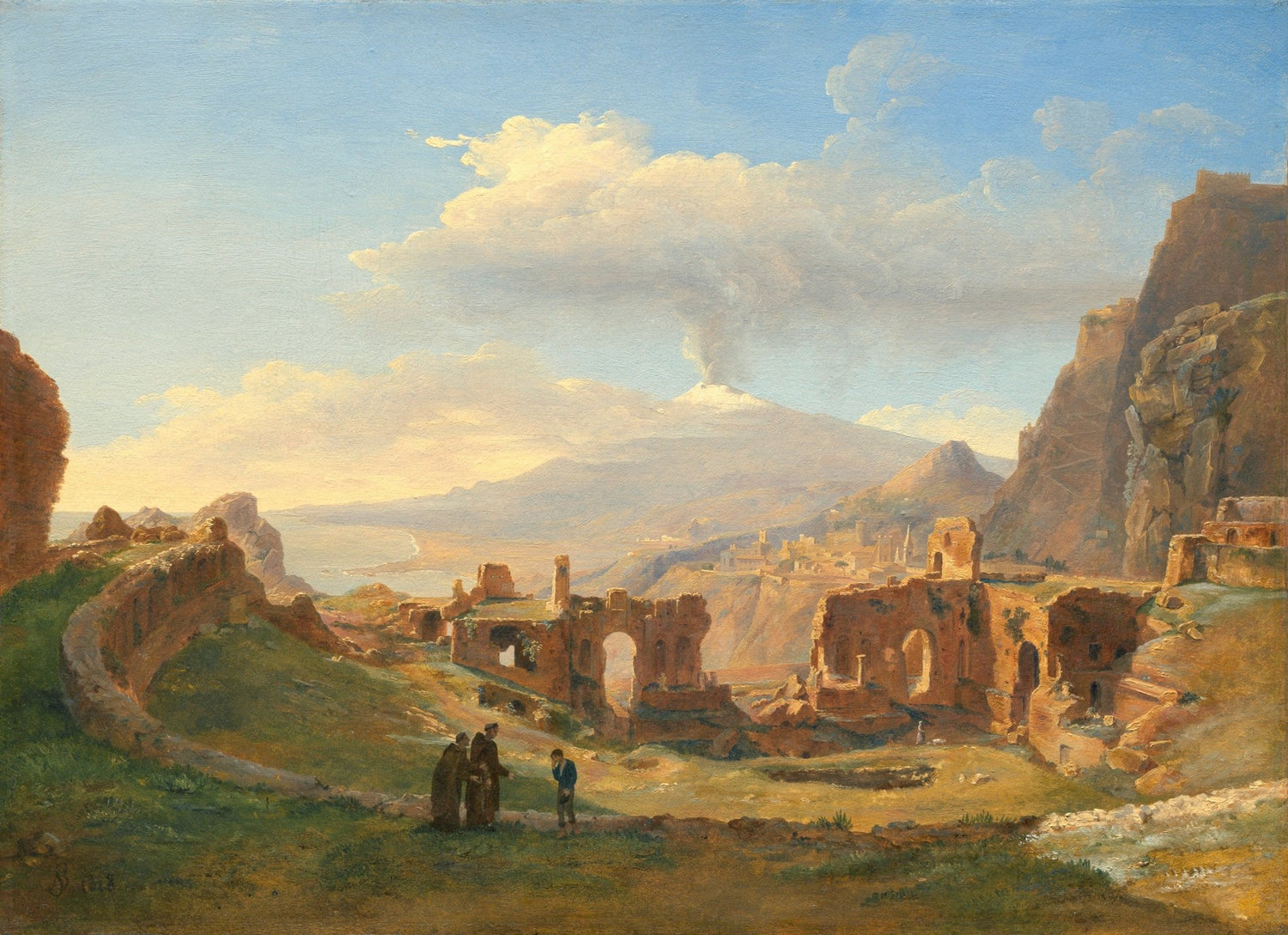 Hand-painted mount etna volcano and ancient ruins view landscape oil painting on canvas