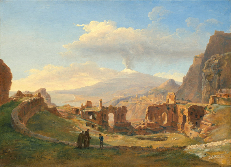 Hand-painted mount etna volcano and ancient ruins view landscape oil painting on canvas