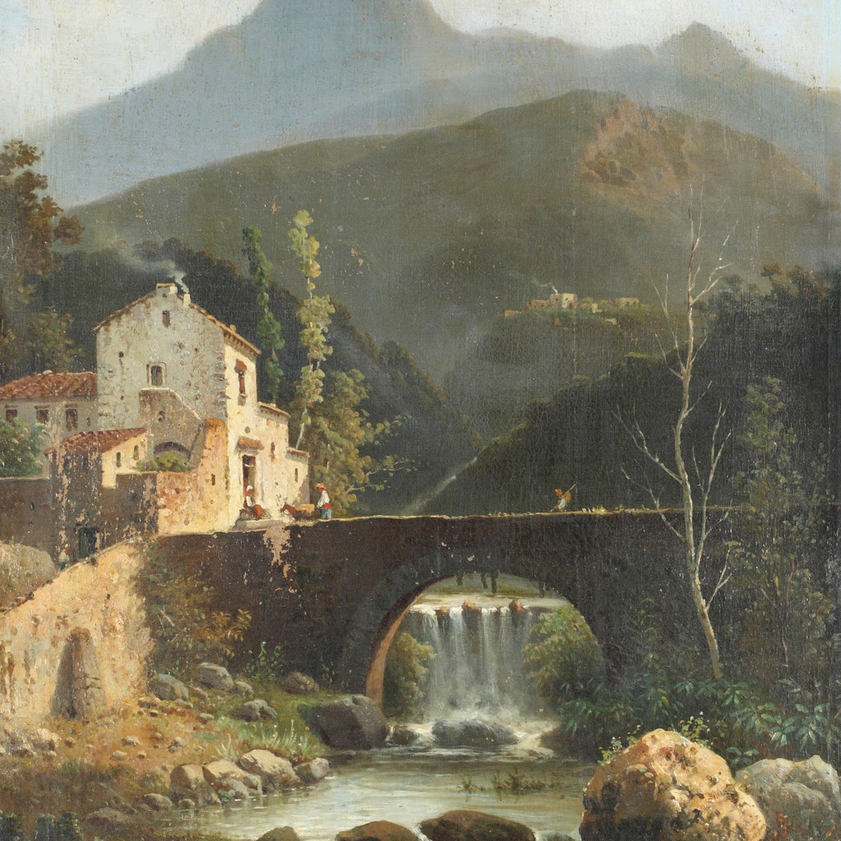Mountain Bridge and Waterfall Scene - Landscape Oil Painting - Oil Painting Haven