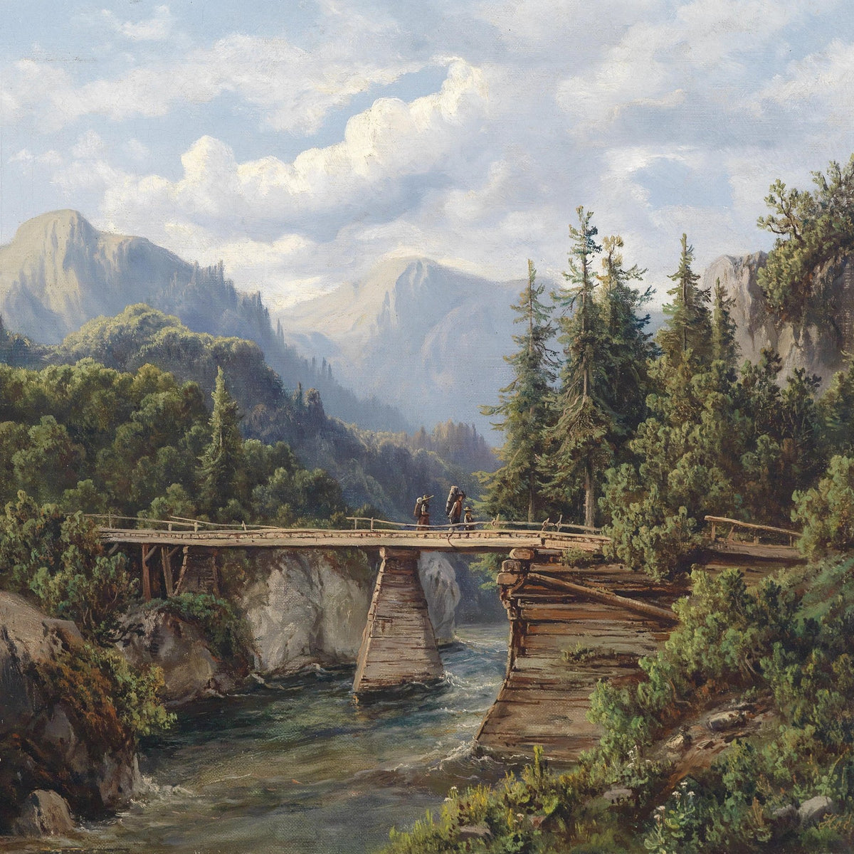 Mountain Bridge Crossing | Hand - Painted Landscape Oil Painting - Oil Painting Haven