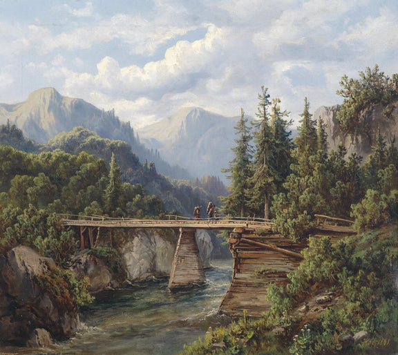 Mountain Bridge Crossing | Hand - Painted Landscape Oil Painting - Oil Painting Haven