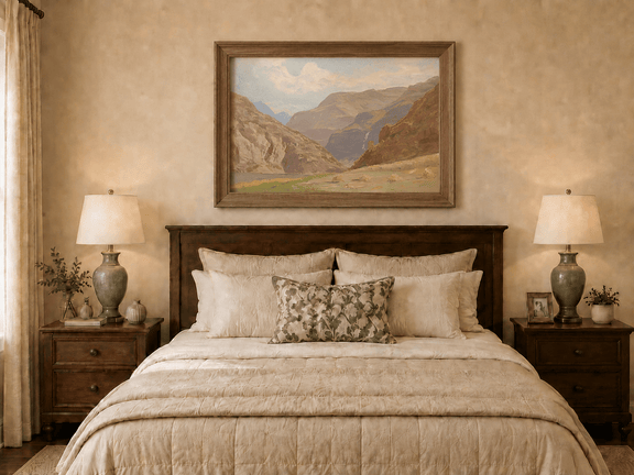 Framed hand-painted mountain canyon oil painting with a waterfall and grassy valley floor displayed above a wooden bed in a neutral bedroom.