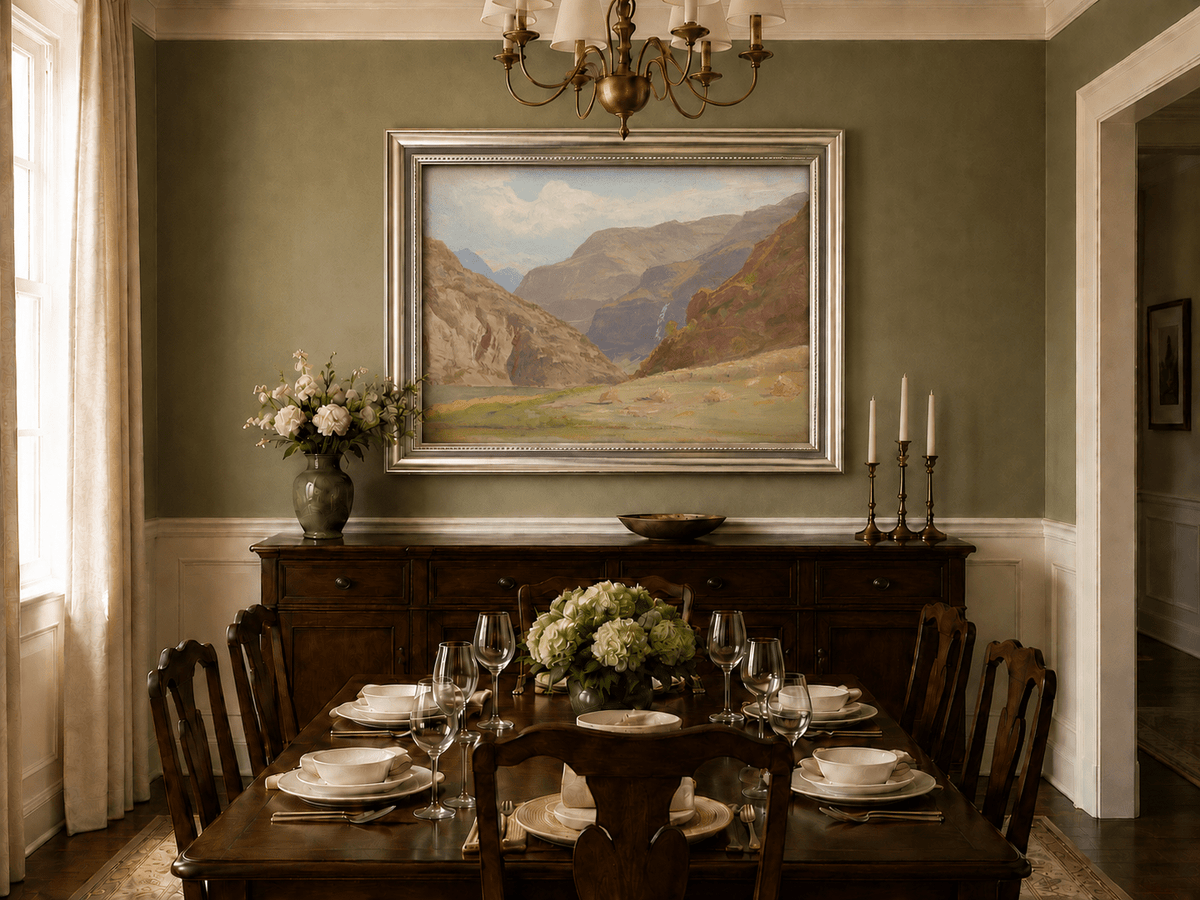 Framed hand-painted mountain canyon oil painting with a waterfall and grassy valley floor displayed above a formal dining table.