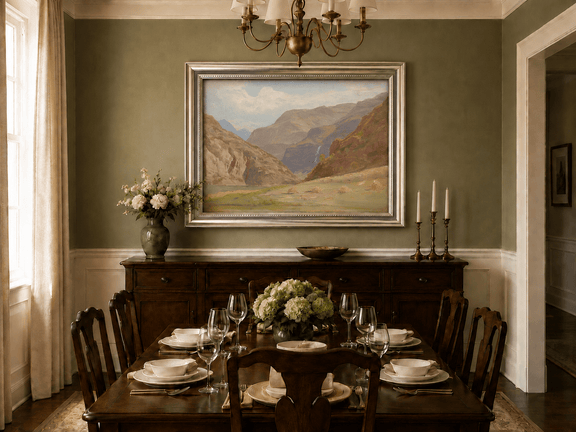Framed hand-painted mountain canyon oil painting with a waterfall and grassy valley floor displayed above a formal dining table.