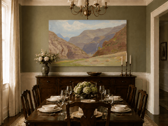 Unframed hand-painted mountain canyon oil painting with a waterfall and grassy valley floor displayed above a formal dining table.