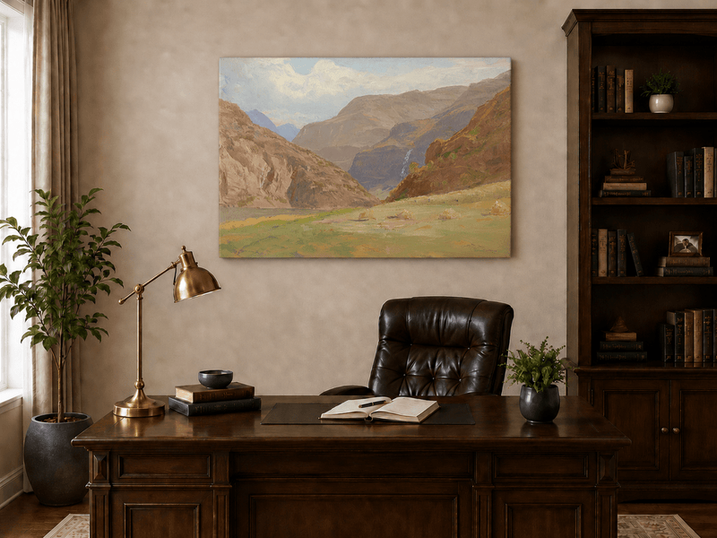 Unframed hand-painted mountain canyon oil painting with a waterfall and grassy valley floor displayed above a traditional home office desk.