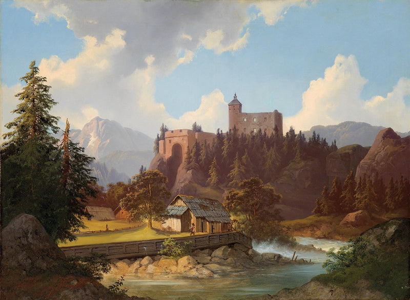 Mountain Castle Above River and Cabin – Landscape Oil Painting - Oil Painting Haven