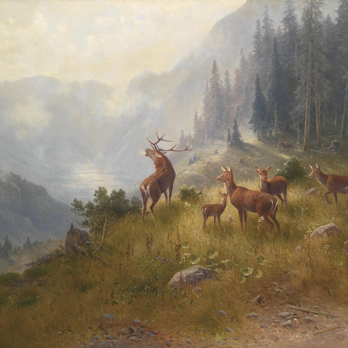 Mountain Deer at Dawn | Hand - Painted Wildlife Landscape Oil - Oil Painting Haven