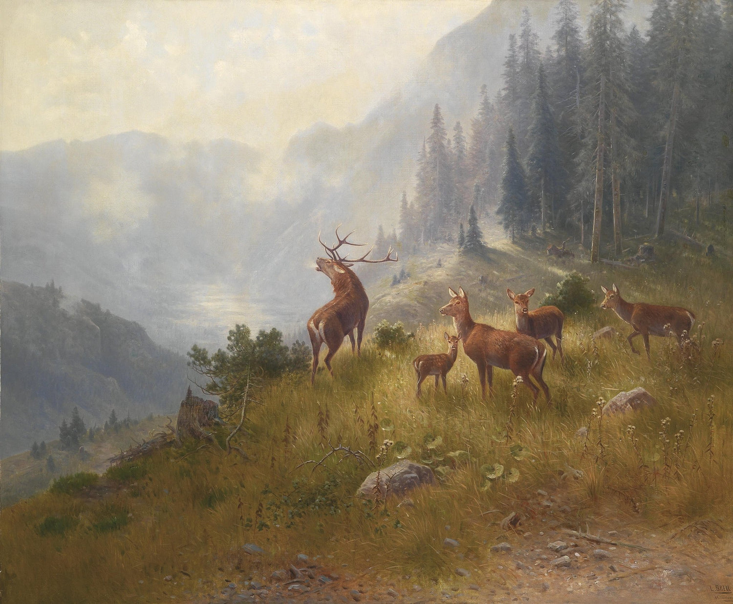 Mountain Deer at Dawn | Hand - Painted Wildlife Landscape Oil - Oil Painting Haven