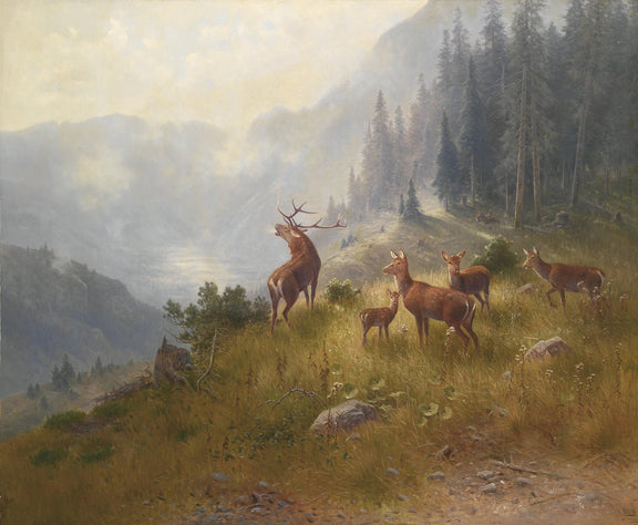 Mountain Deer at Dawn | Hand - Painted Wildlife Landscape Oil - Oil Painting Haven