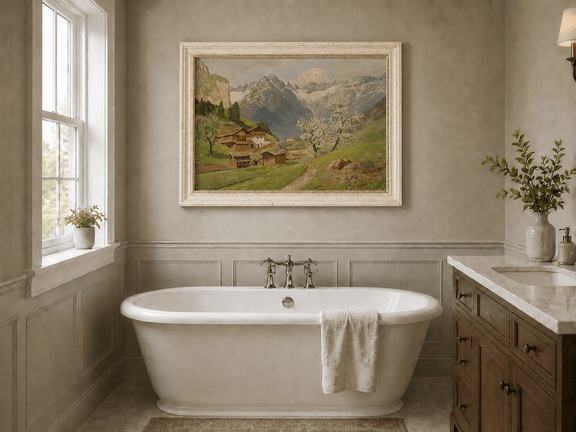 Framed hand-painted mountain farm oil painting with blossoms and a winding path displayed above a freestanding bathtub.
