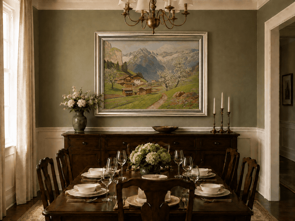 Framed hand-painted mountain farm oil painting with blossoms and a winding path displayed above a formal dining table.