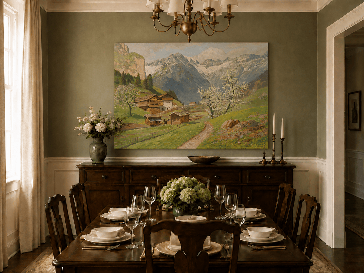 Unframed hand-painted mountain farm oil painting with blossoms and a winding path displayed above a formal dining table.