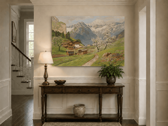 Unframed hand-painted mountain farm oil painting with blossoms and a winding path displayed above an entryway console table.