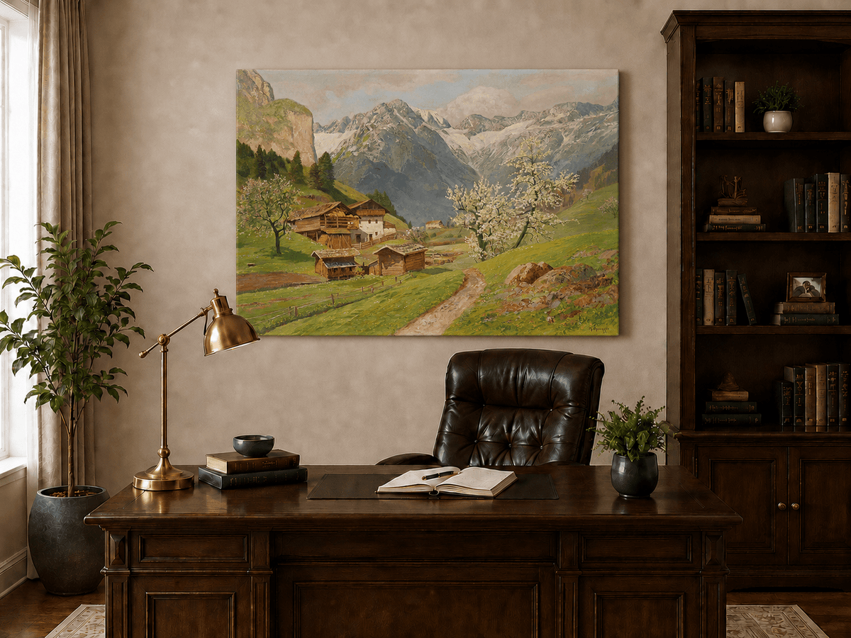 Unframed hand-painted mountain farm oil painting with blossoms and a winding path displayed above a traditional home office desk.
