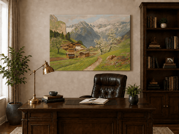 Unframed hand-painted mountain farm oil painting with blossoms and a winding path displayed above a traditional home office desk.