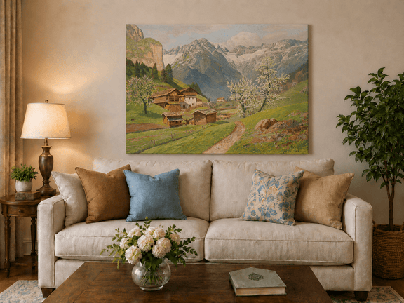 Unframed hand-painted mountain farm oil painting with blossoms and a winding path displayed above a neutral living room sofa.