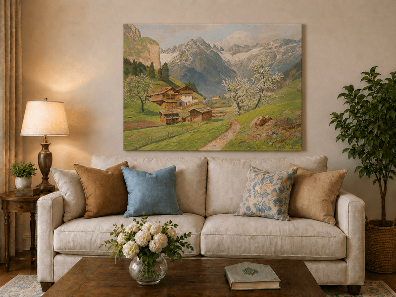 Unframed hand-painted mountain farm oil painting with blossoms and a winding path displayed above a neutral living room sofa.