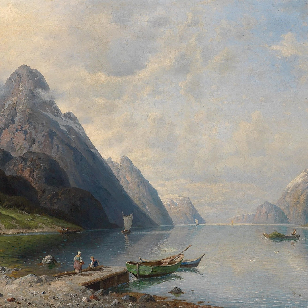 Mountain Fjord, Boats, Coastal Village – Landscape Oil Painting - Oil Painting Haven