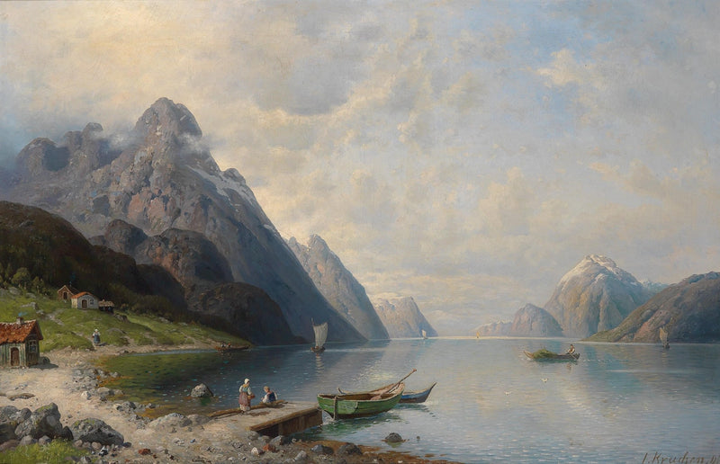 Mountain Fjord, Boats, Coastal Village – Landscape Oil Painting - Oil Painting Haven