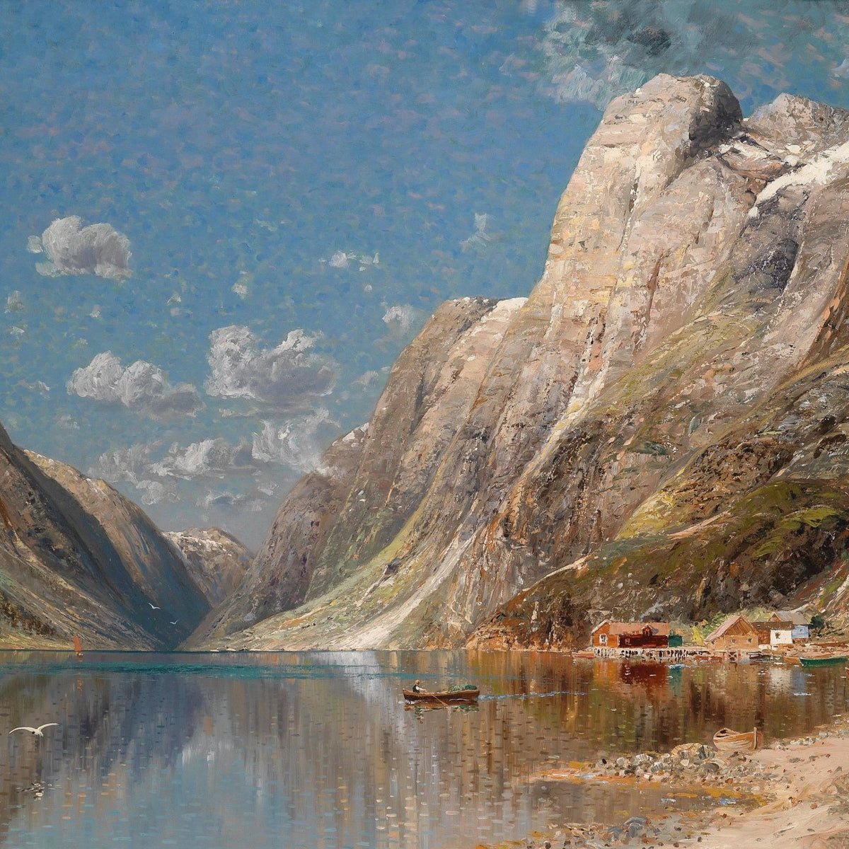 Mountain Fjord Lake with Boats – Hand - Painted Landscape Oil Painting - Oil Painting Haven