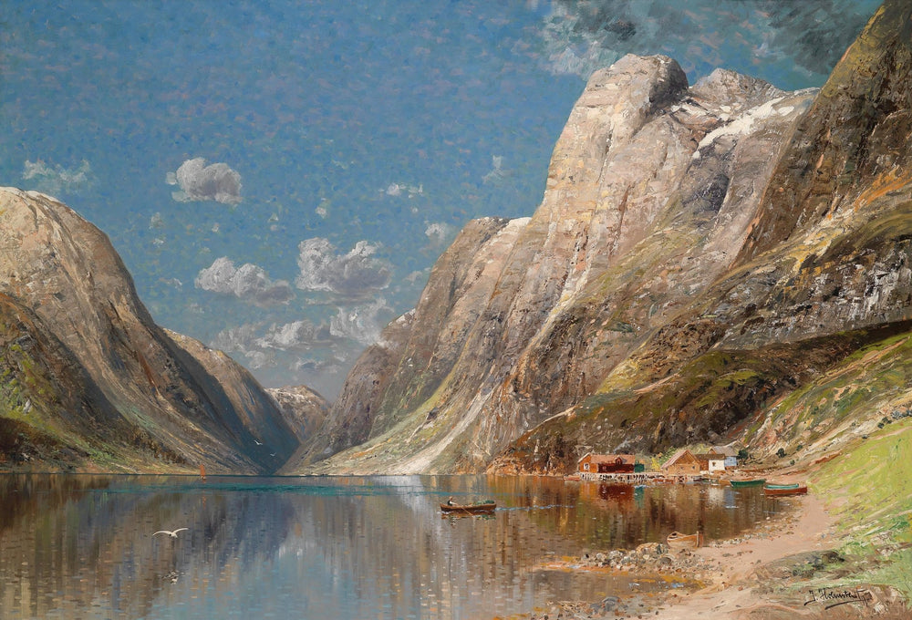 Peinture à l'huile de paysage - Lac Fjord de montagne avec des bateaux