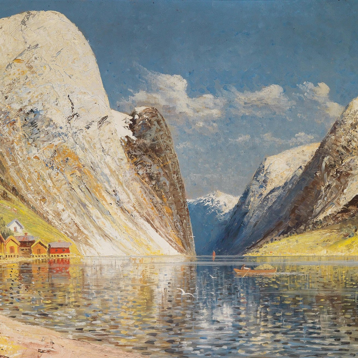 Mountain Fjord Landscape Oil Painting with Lake and Village - Oil Painting Haven