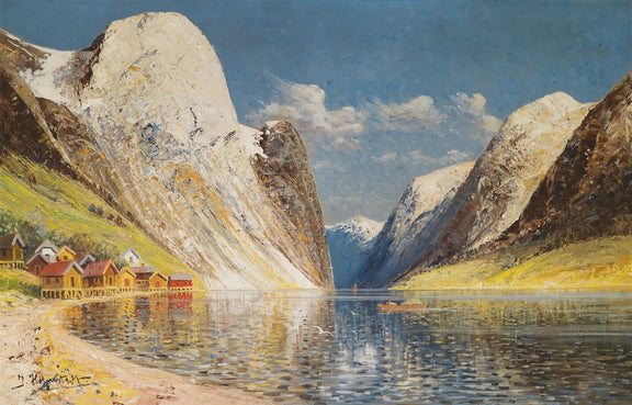 Mountain Fjord Landscape Oil Painting with Lake and Village - Oil Painting Haven