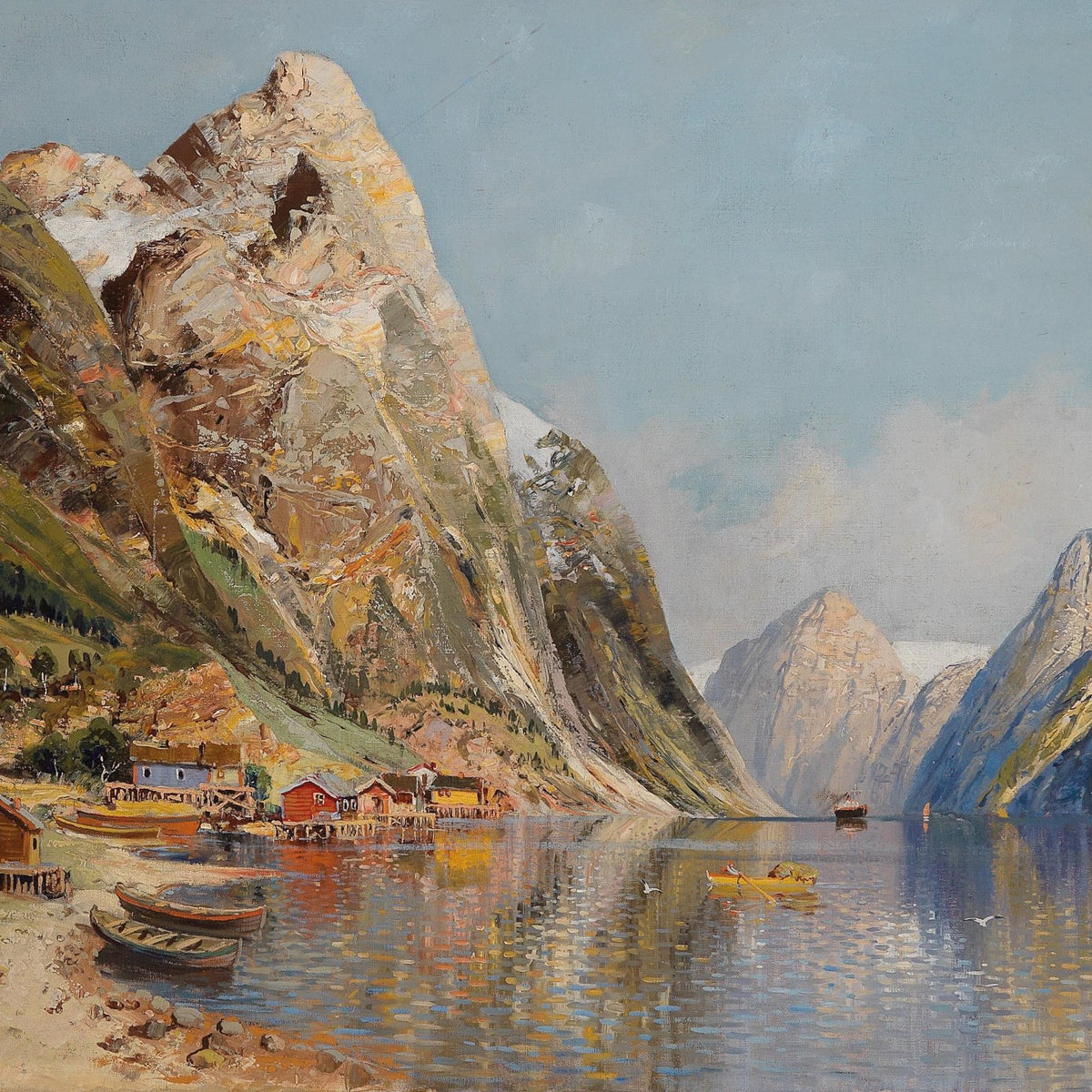 Mountain Fjord Village, Boats by the Water – Landscape Oil Painting - Oil Painting Haven