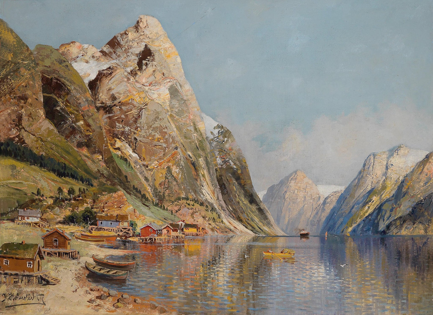 Mountain Fjord Village, Boats by the Water – Landscape Oil Painting - Oil Painting Haven