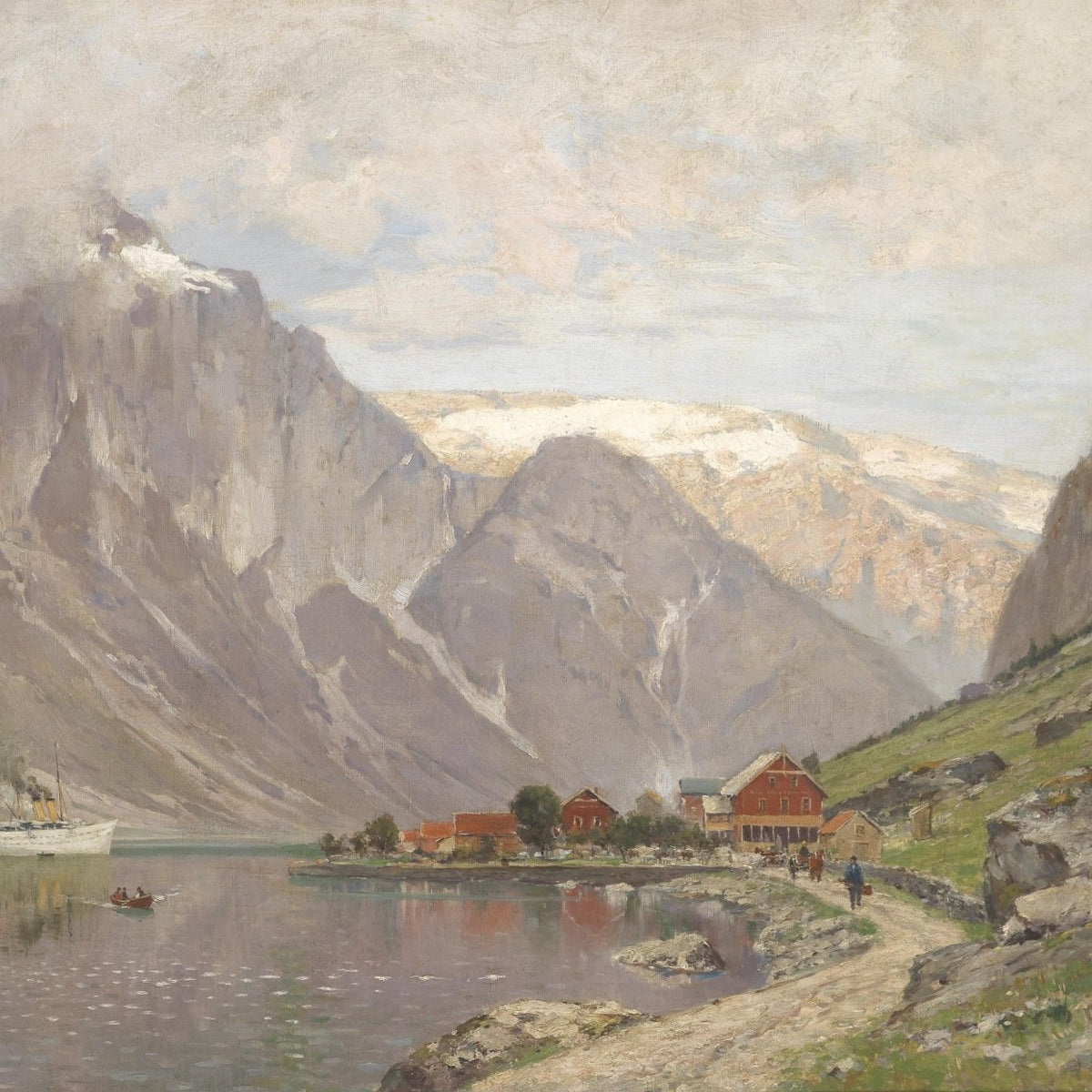 Mountain Fjord Village by a Calm Lake – Landscape Oil Painting - Oil Painting Haven