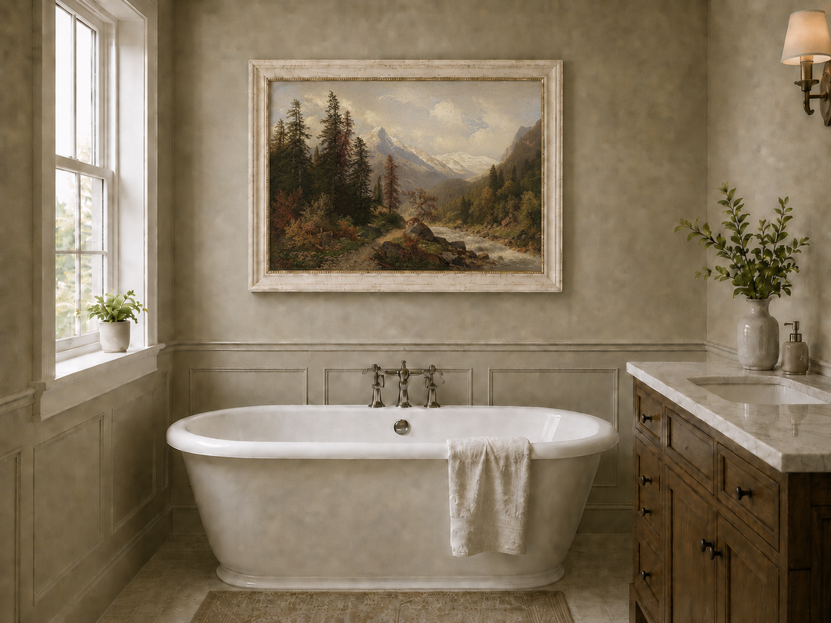 Hand-painted mountain forest landscape oil painting with river and distant peaks displayed in a bathroom interior above a bathtub.