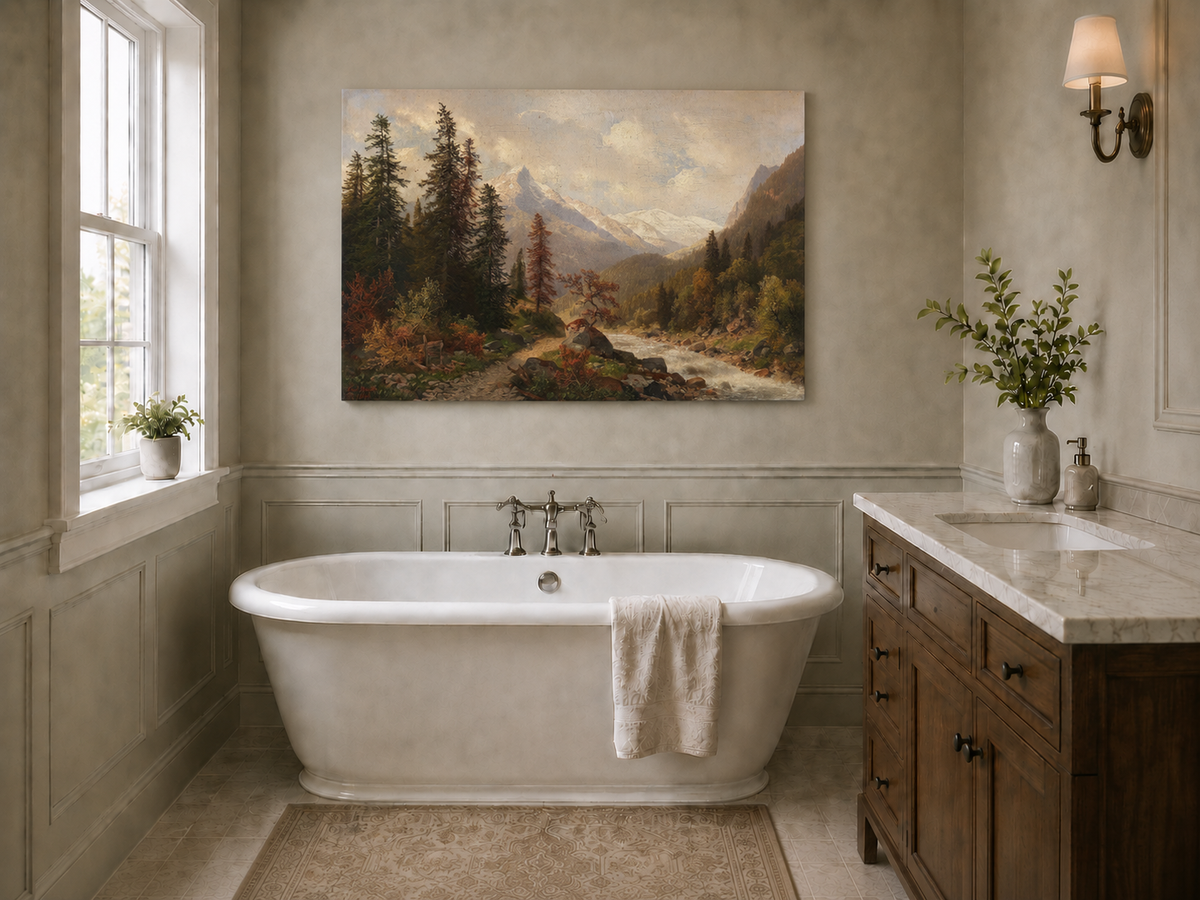 Hand-painted mountain forest landscape oil painting with river and distant peaks displayed in a bathroom interior above a bathtub.